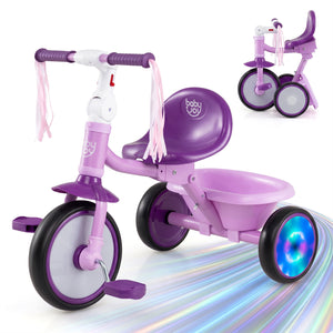 Foldable Toddler Tricycle with Lighting Wheels and Basket for 2-5 Year Old
