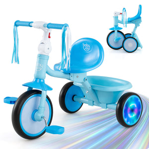Foldable Toddler Tricycle with Lighting Wheels and Basket for 2-5 Year Old