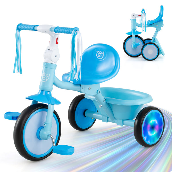 Foldable Toddler Tricycle with Lighting Wheels and Basket for 2-5 Year Old