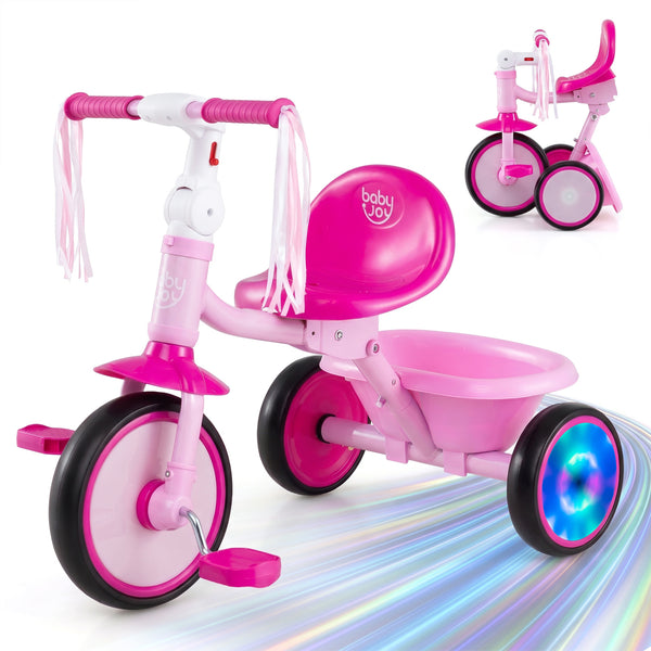 Foldable Toddler Tricycle with Lighting Wheels and Basket for 2-5 Year Old