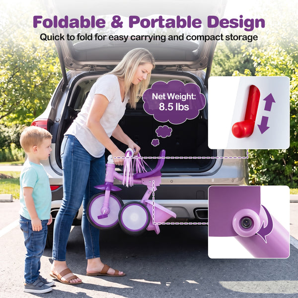 Foldable Toddler Tricycle with Lighting Wheels and Basket for 2-5 Year Old