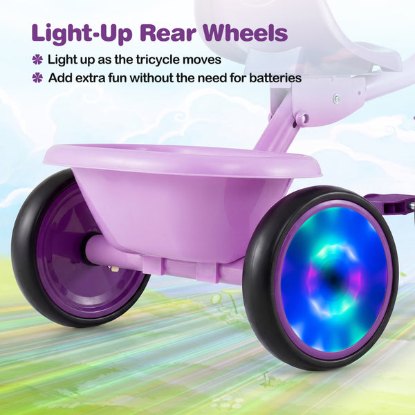 Foldable Toddler Tricycle with Lighting Wheels and Basket for 2-5 Year Old
