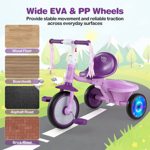 Foldable Toddler Tricycle with Lighting Wheels and Basket for 2-5 Year Old