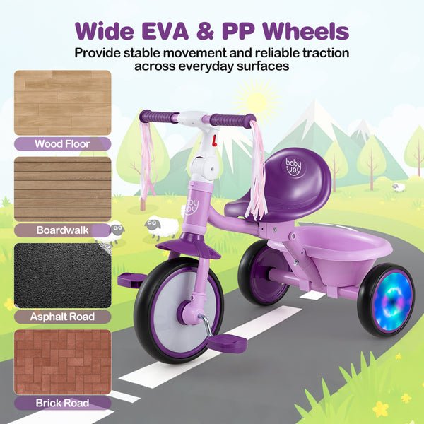 Foldable Toddler Tricycle with Lighting Wheels and Basket for 2-5 Year Old