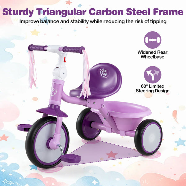 Foldable Toddler Tricycle with Lighting Wheels and Basket for 2-5 Year Old