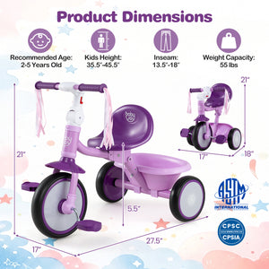 Foldable Toddler Tricycle with Lighting Wheels and Basket for 2-5 Year Old