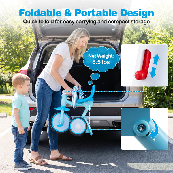 Foldable Toddler Tricycle with Lighting Wheels and Basket for 2-5 Year Old
