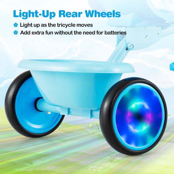 Foldable Toddler Tricycle with Lighting Wheels and Basket for 2-5 Year Old
