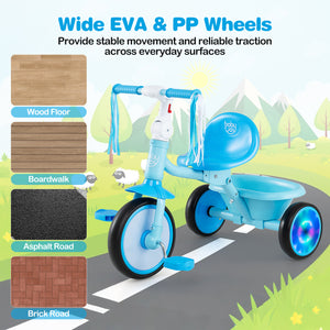 Foldable Toddler Tricycle with Lighting Wheels and Basket for 2-5 Year Old