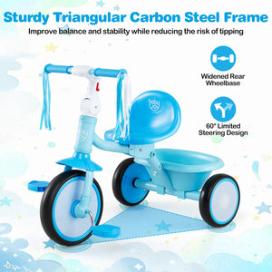 Foldable Toddler Tricycle with Lighting Wheels and Basket for 2-5 Year Old