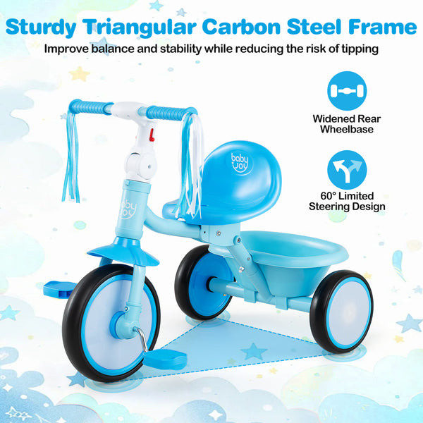 Foldable Toddler Tricycle with Lighting Wheels and Basket for 2-5 Year Old