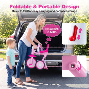 Foldable Toddler Tricycle with Lighting Wheels and Basket for 2-5 Year Old