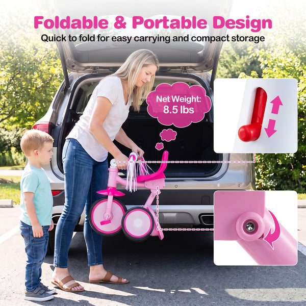 Foldable Toddler Tricycle with Lighting Wheels and Basket for 2-5 Year Old