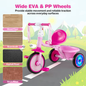 Foldable Toddler Tricycle with Lighting Wheels and Basket for 2-5 Year Old