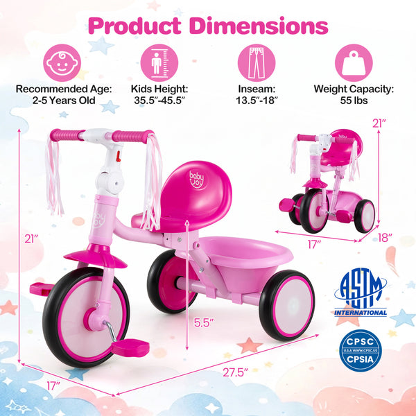 Foldable Toddler Tricycle with Lighting Wheels and Basket for 2-5 Year Old