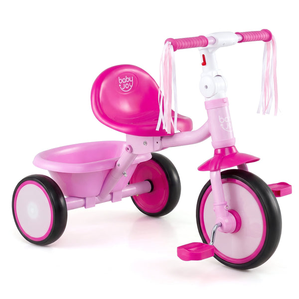 Foldable Toddler Tricycle with Lighting Wheels and Basket for 2-5 Year Old