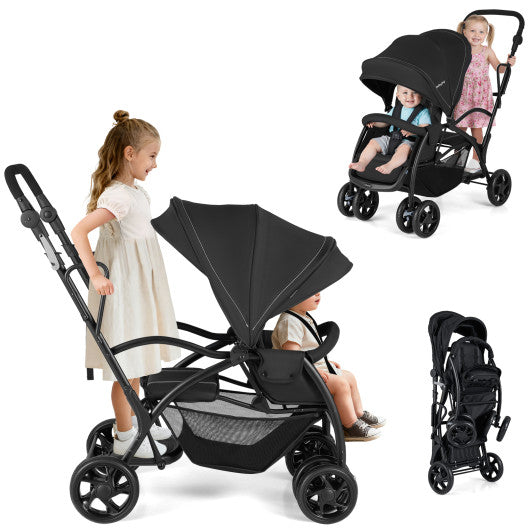 Foldable twin tandem stroller in black, featuring adjustable handlebar, perfect for sit and stand convenience.