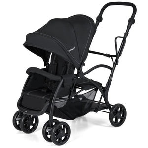 Foldable twin tandem stroller in black, featuring adjustable handlebar and sit-and-stand design, shown from angle 3.