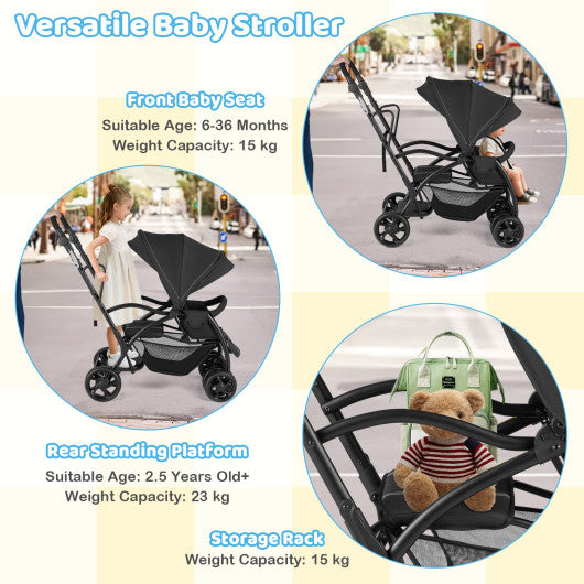 Foldable twin tandem stroller in black, featuring adjustable handlebar, perfect for sit and stand convenience.