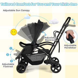 Foldable twin tandem stroller in black, featuring adjustable handlebar, shown from angle 7. Perfect for siblings!