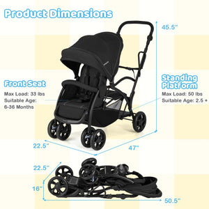 Foldable twin tandem stroller in black, featuring adjustable handlebar, shown from angle 5. Ideal for sit and stand use.