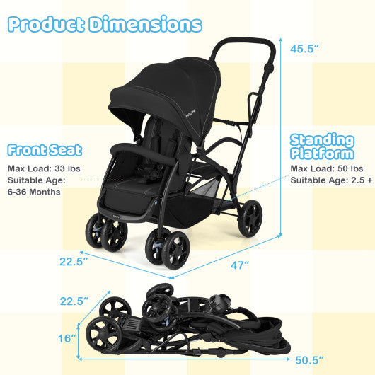 Foldable twin tandem stroller in black, featuring adjustable handlebar, shown from angle 5. Ideal for sit and stand use.