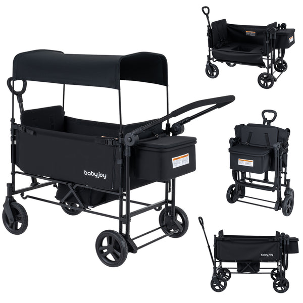 Foldable Wagon Stroller for 2 Kids with Removable Canopy and Adjustable Push Handle