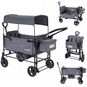 Foldable Wagon Stroller for 2 Kids with Removable Canopy and Adjustable Push Handle