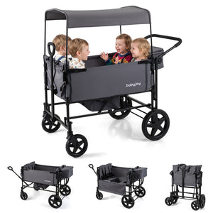 Foldable Wagon Stroller for 4 Kids with Removable Canopy and Adjustable Push