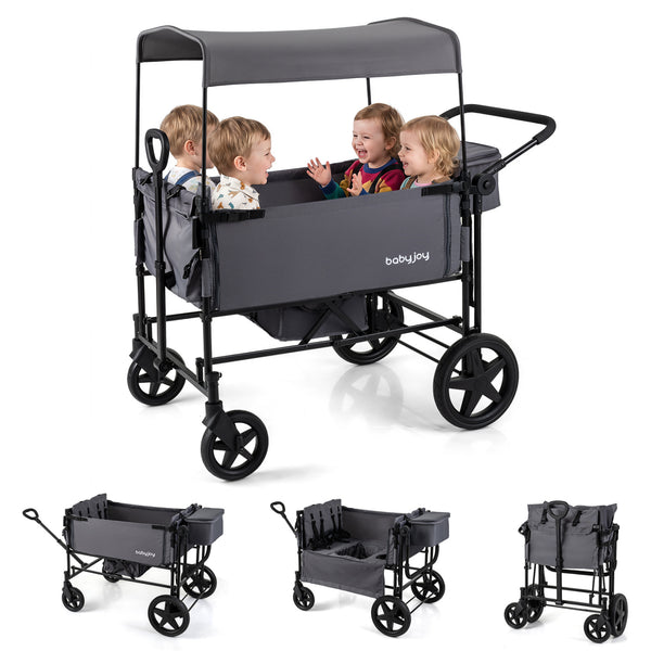 Foldable Wagon Stroller for 4 Kids with Removable Canopy and Adjustable Push