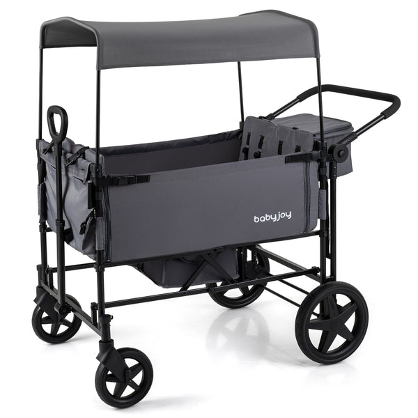 Foldable Wagon Stroller for 4 Kids with Removable Canopy and Adjustable Push