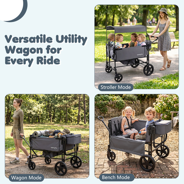 Foldable Wagon Stroller for 4 Kids with Removable Canopy and Adjustable Push