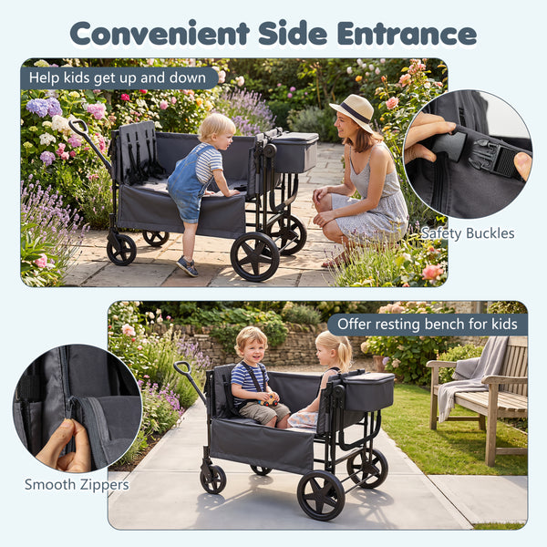 Foldable Wagon Stroller for 4 Kids with Removable Canopy and Adjustable Push
