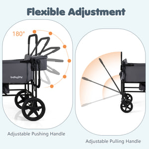 Foldable Wagon Stroller for 4 Kids with Removable Canopy and Adjustable Push