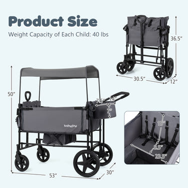 Foldable Wagon Stroller for 4 Kids with Removable Canopy and Adjustable Push