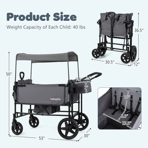 Foldable Wagon Stroller for 4 Kids with Removable Canopy and Adjustable Push