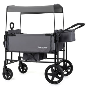 Foldable Wagon Stroller for 4 Kids with Removable Canopy and Adjustable Push