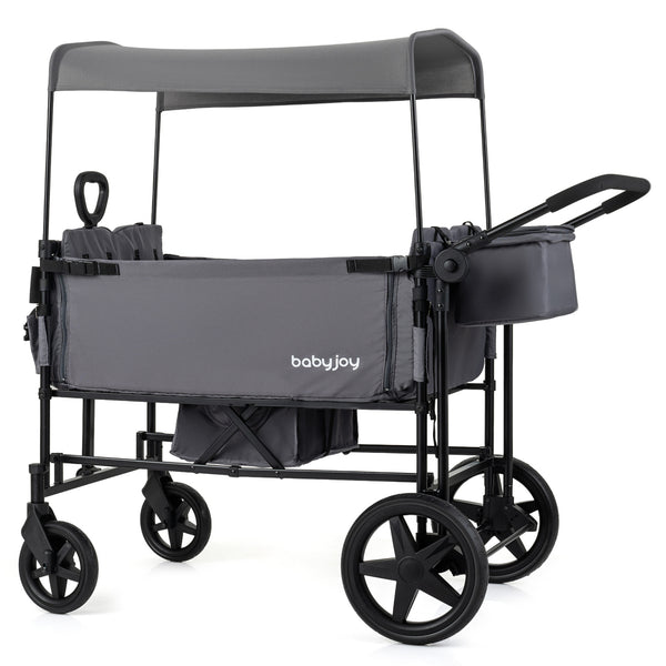 Foldable Wagon Stroller for 4 Kids with Removable Canopy and Adjustable Push