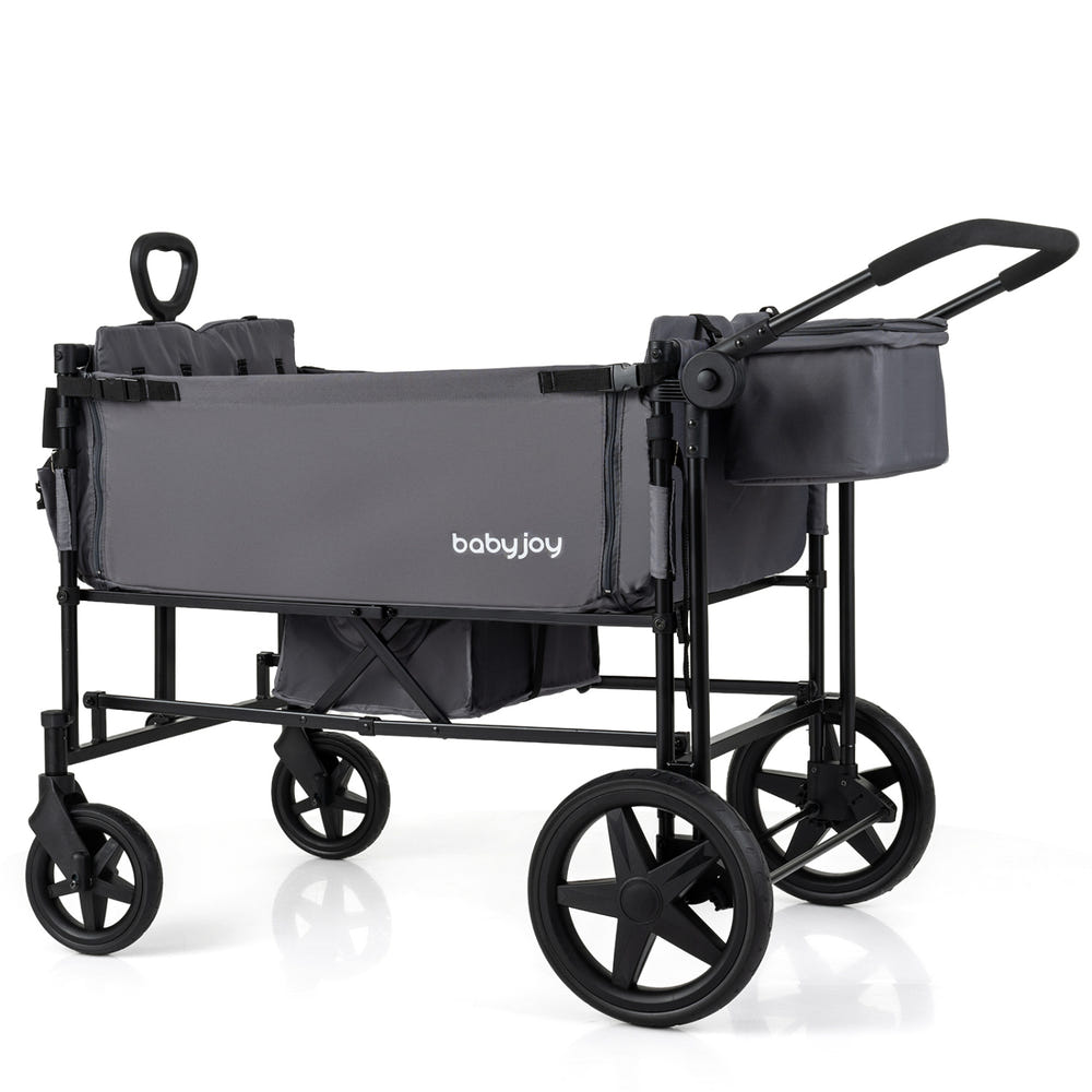 Foldable Wagon Stroller for 4 Kids with Removable Canopy and Adjustable Push