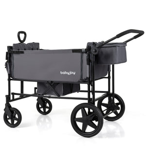 Foldable Wagon Stroller for 4 Kids with Removable Canopy and Adjustable Push