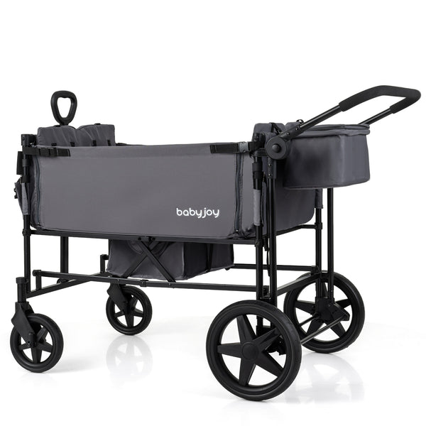 Foldable Wagon Stroller for 4 Kids with Removable Canopy and Adjustable Push