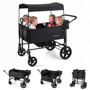 Foldable Wagon Stroller for 4 Kids with Removable Canopy and Adjustable Push