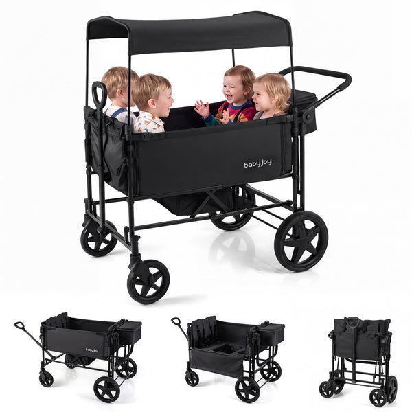 Foldable Wagon Stroller for 4 Kids with Removable Canopy and Adjustable Push