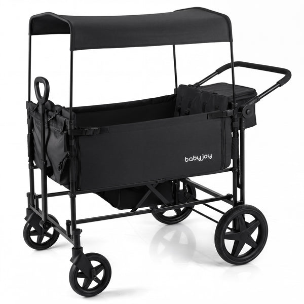 Foldable Wagon Stroller for 4 Kids with Removable Canopy and Adjustable Push