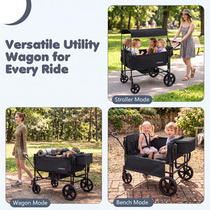 Foldable Wagon Stroller for 4 Kids with Removable Canopy and Adjustable Push
