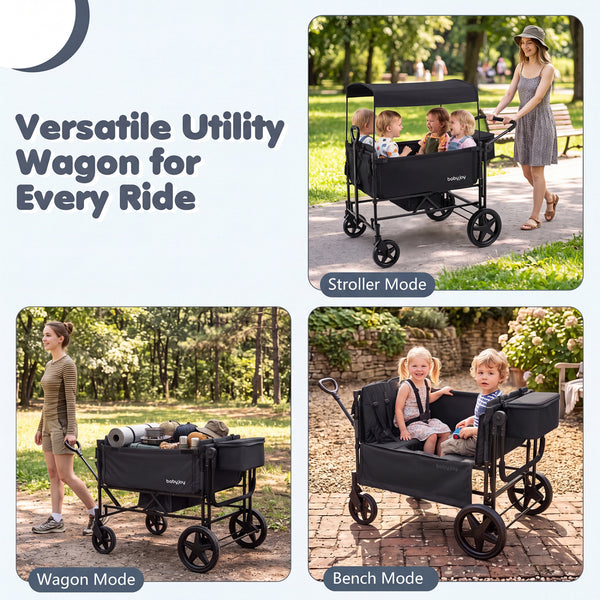 Foldable Wagon Stroller for 4 Kids with Removable Canopy and Adjustable Push