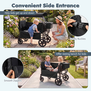 Foldable Wagon Stroller for 4 Kids with Removable Canopy and Adjustable Push