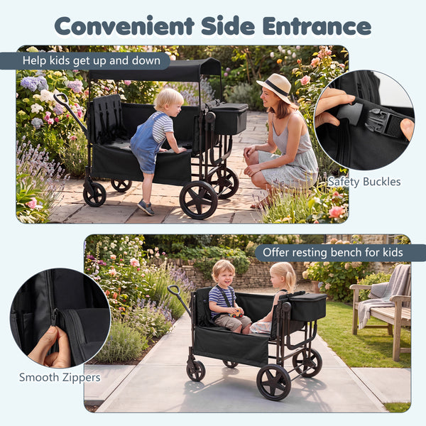 Foldable Wagon Stroller for 4 Kids with Removable Canopy and Adjustable Push