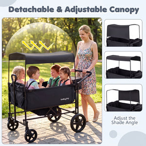 Foldable Wagon Stroller for 4 Kids with Removable Canopy and Adjustable Push