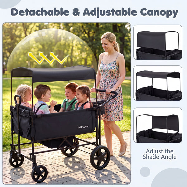 Foldable Wagon Stroller for 4 Kids with Removable Canopy and Adjustable Push